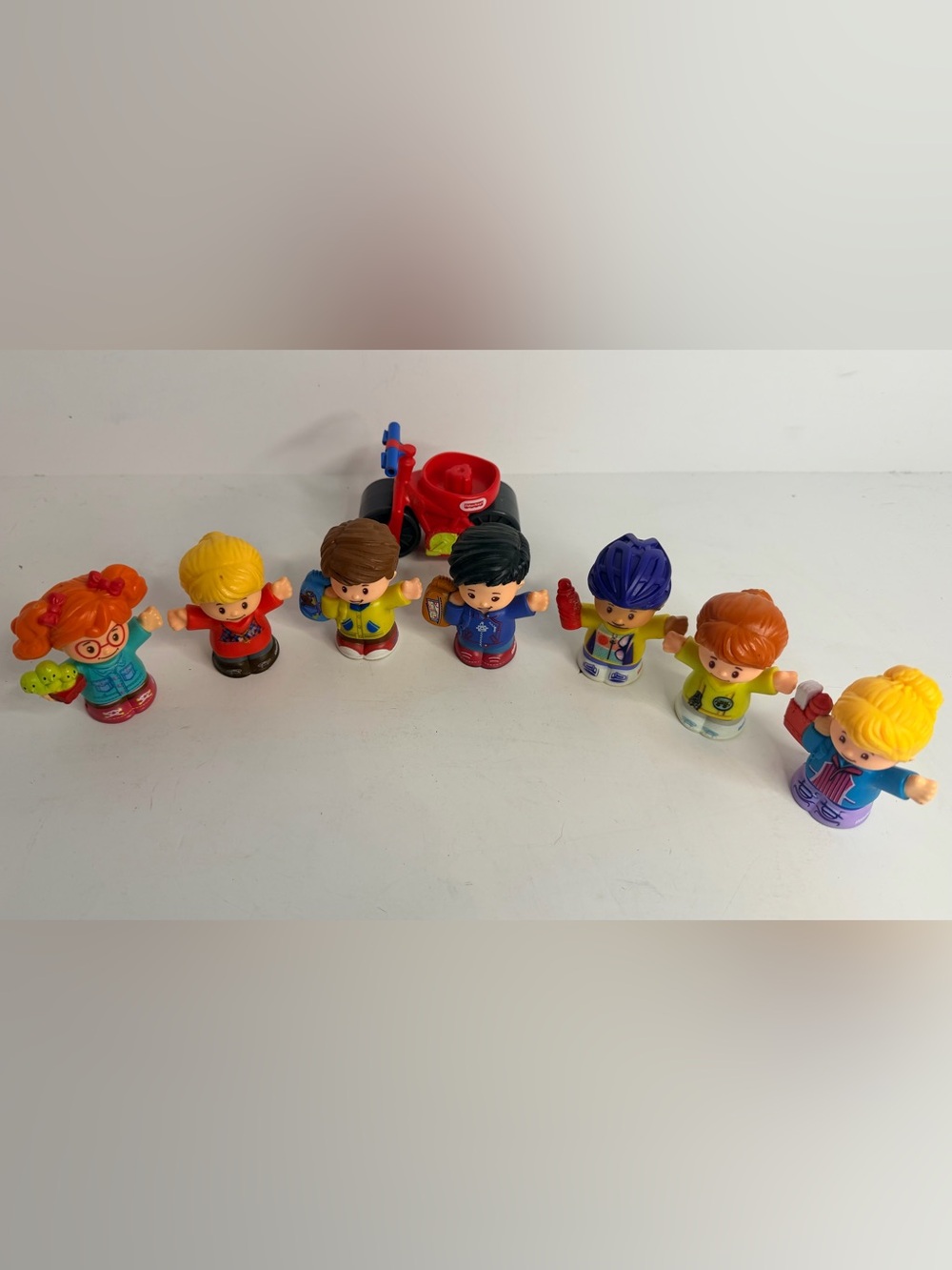 Fisher-Price Little People Figures Lot of 7 + Red Tricycle Bike Accessories